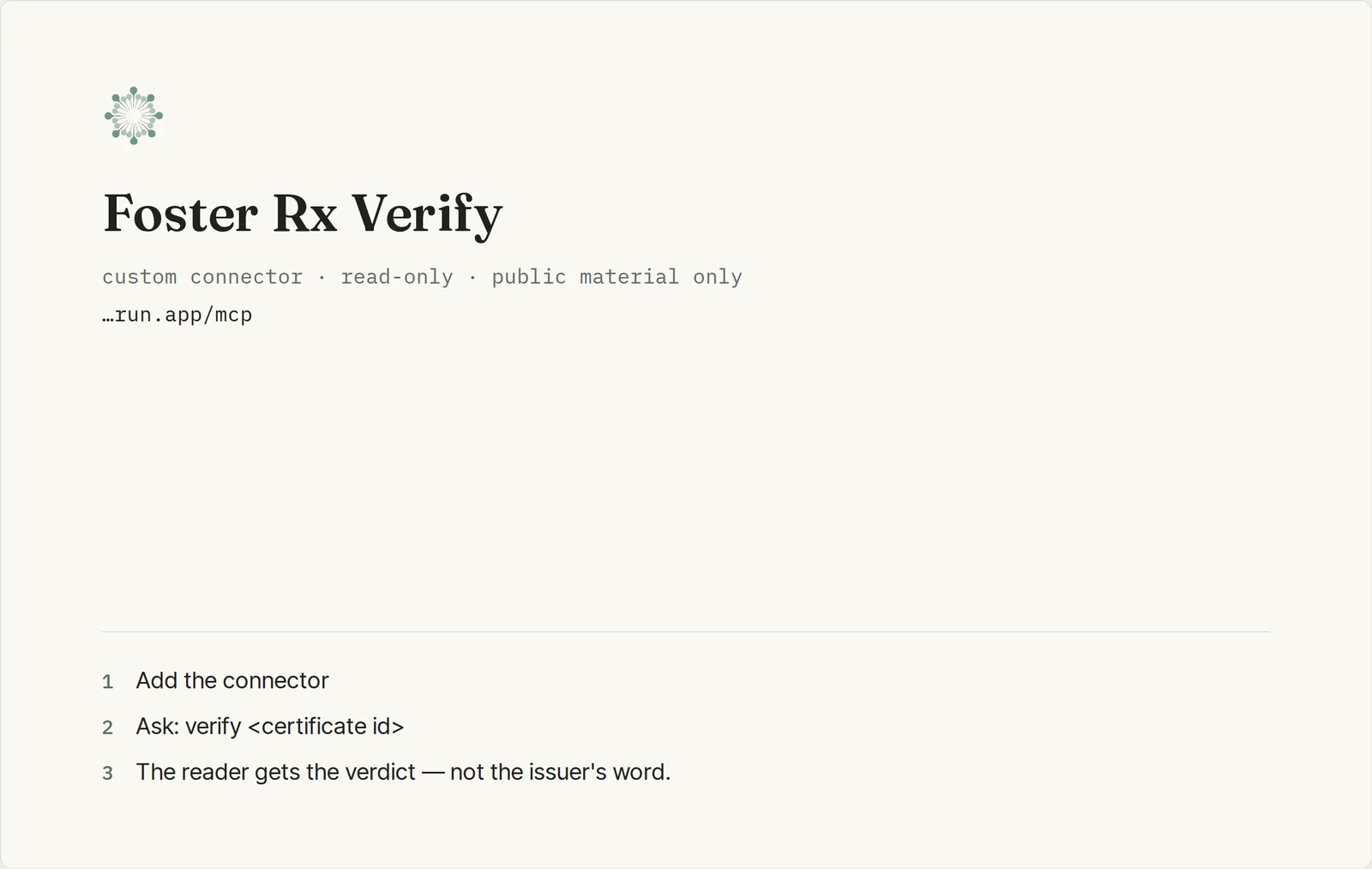 The Foster Rx Verify connector card - custom connector, read-only, public material only